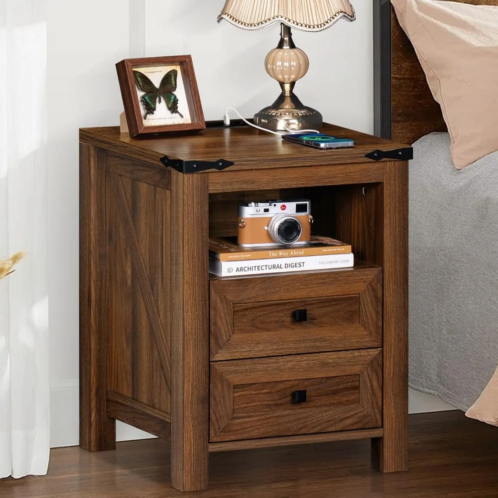 Nightstand with Charging Station and USB Port, Farmhouse Side End Table with 2 Drawers and Open Shelf 6