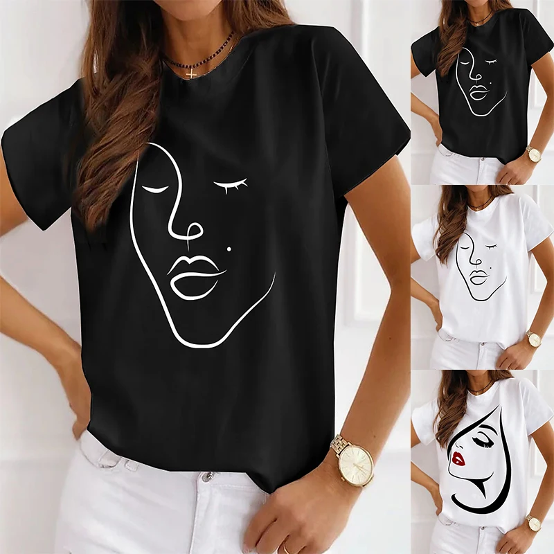 

2022 summer women's abstract printed tee shirts round neck fational face 3D printed pullover casual loosen tee shirts new design