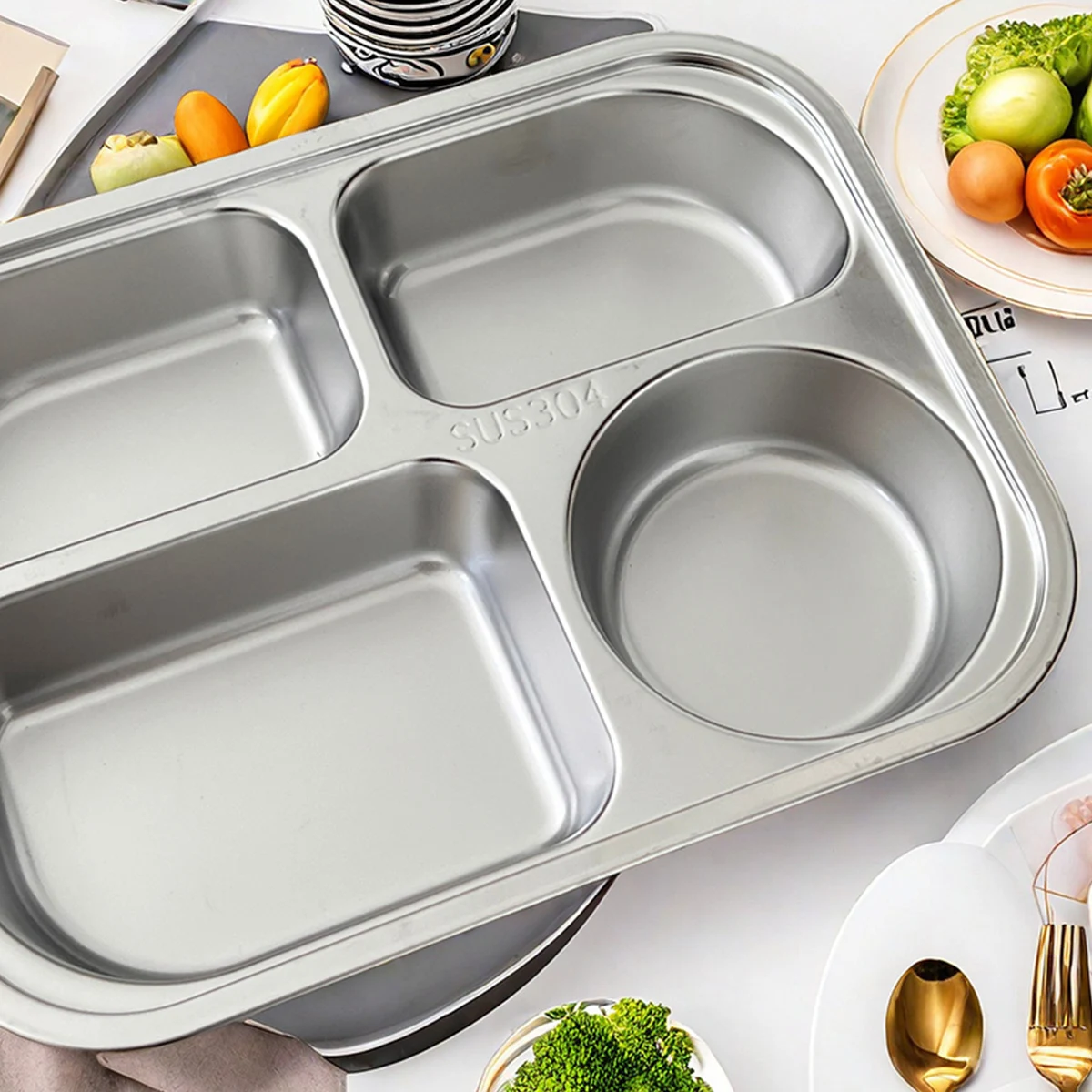 WORTHBUY 4/5-Compartments Dinner Plate For Student 304 Stainless Steel Fast Food Plate Canteen Divided Dinner Tray With Lid