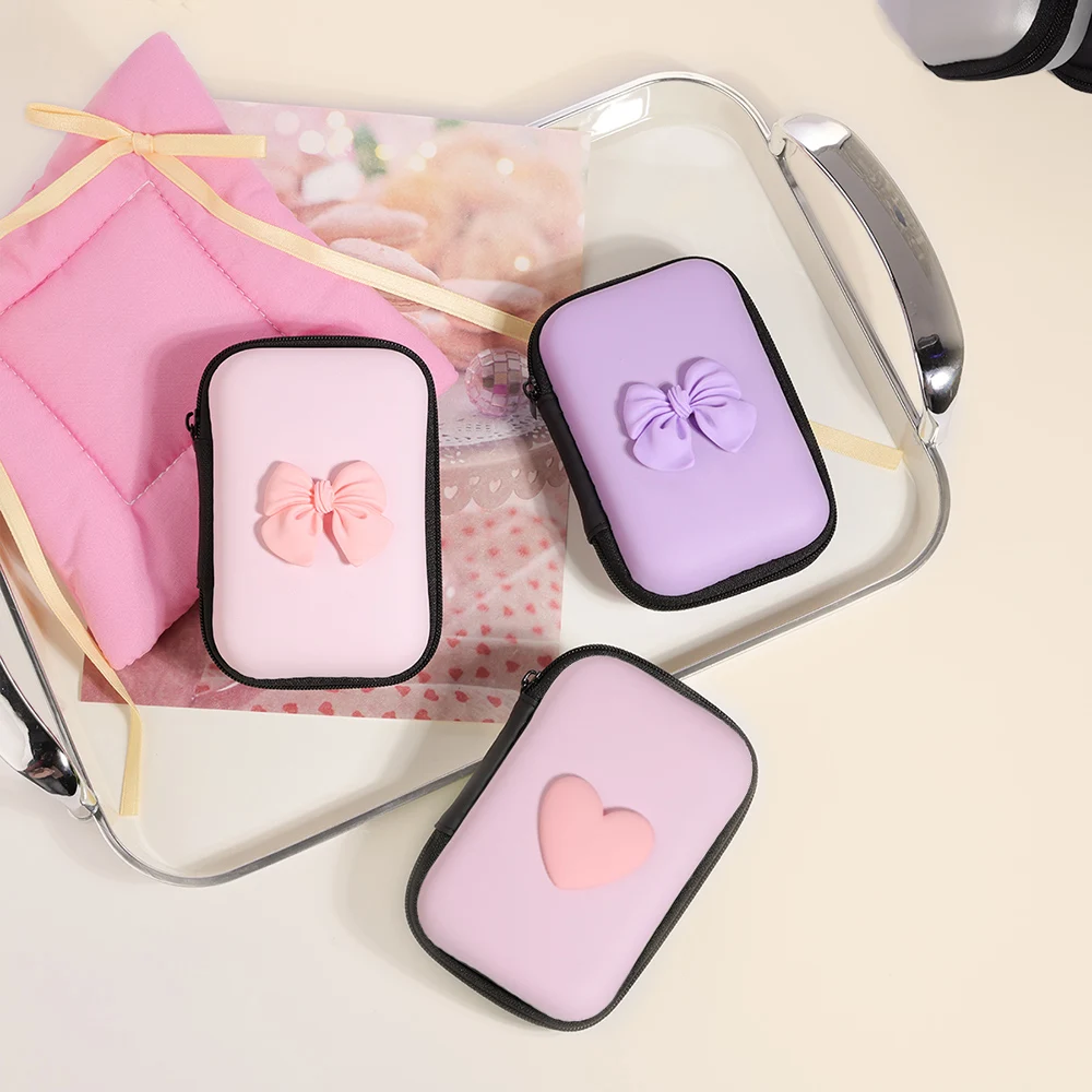 Storage Bag Travel Storage Bag Portable Charging Case USB Data Cable Organizer Headset Cable Bag Square Zipper With 3D Love Bow Pattern storage bag