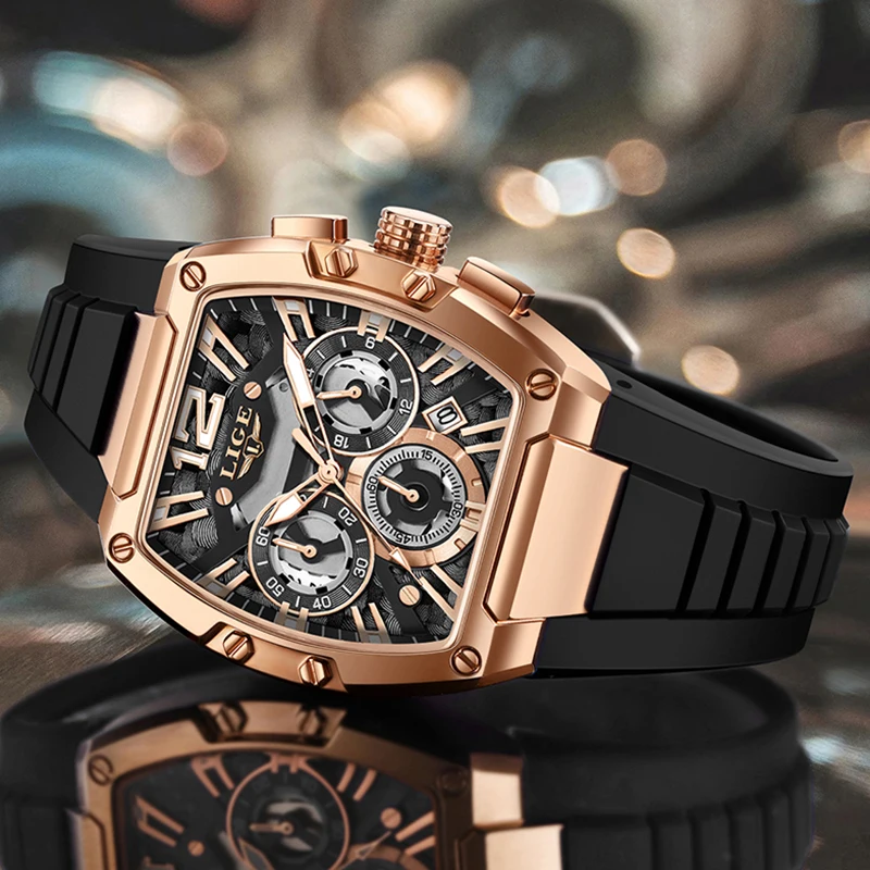 LIGE New Luxury Black Silicone Watch Men Square Big Dial Chronograph Wrist Watches For men Waterproof Military Quartz Men Watch