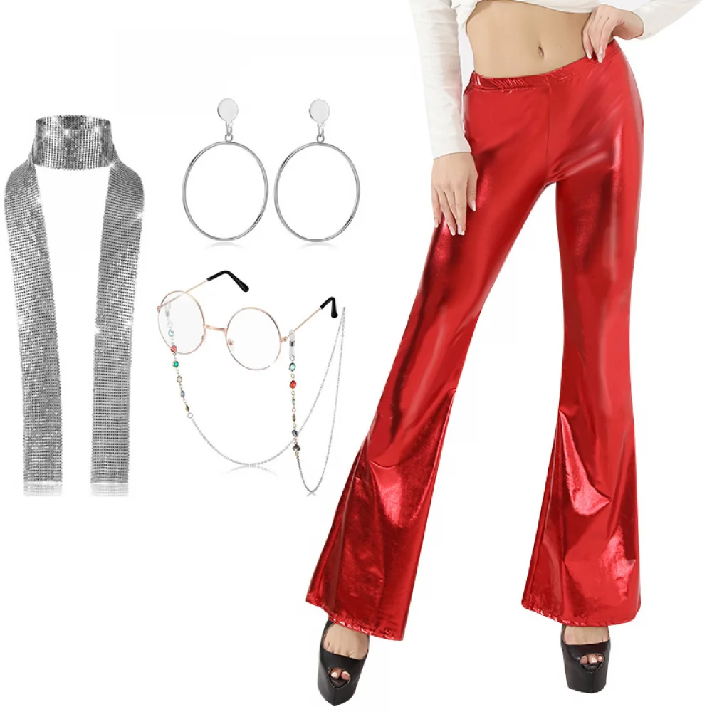 thumbnail image 1 of Pantalones anchos estilo discoteca de los años 70, 4 piezas, metalizados, dorados, con joyas estilo discoteca, para mujer, estilo hippie, discoteca de los años 70, pantalones acampanados para fiesta d, 1 of 5