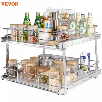VEVOR Heavy Duty 2-Tier Slide-Out Cabinet Organizer, Chrome-Plated Steel Pantry Shelves with Roll-Out Drawers for Kitchen Storag 1