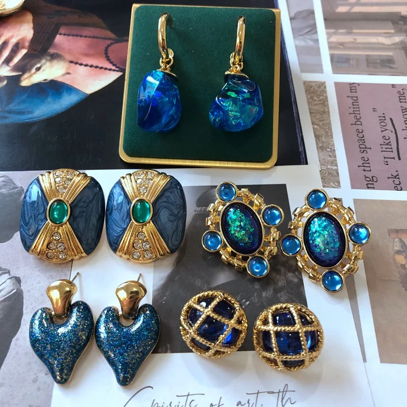 Vintage Electroplated Carved Pattern Blue Glaze Enamel Earrings