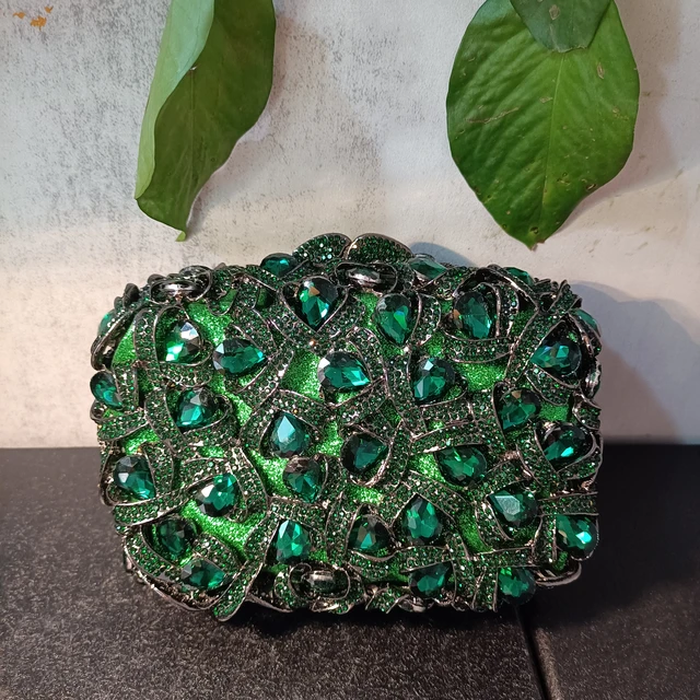 Rhinestone Crystal Envelope Clutch Purse - Emerald Green