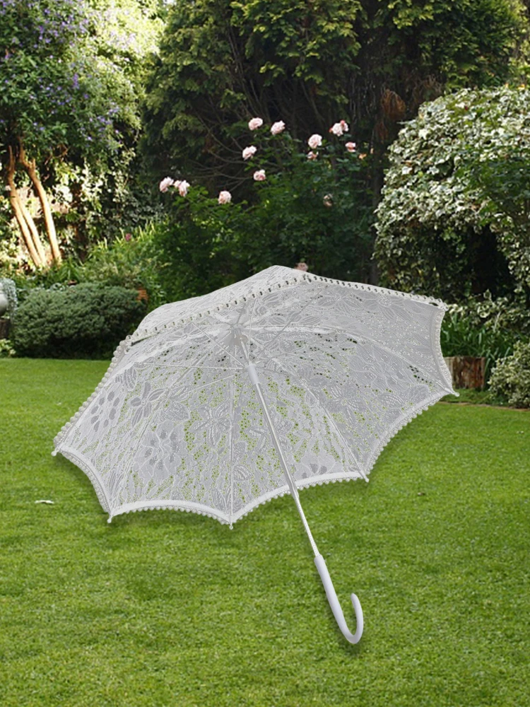 *Lace Umbrella Parasol White Wooden Handle Costume Flower Girl Umbrella for Wedding Decoration Photo Prop