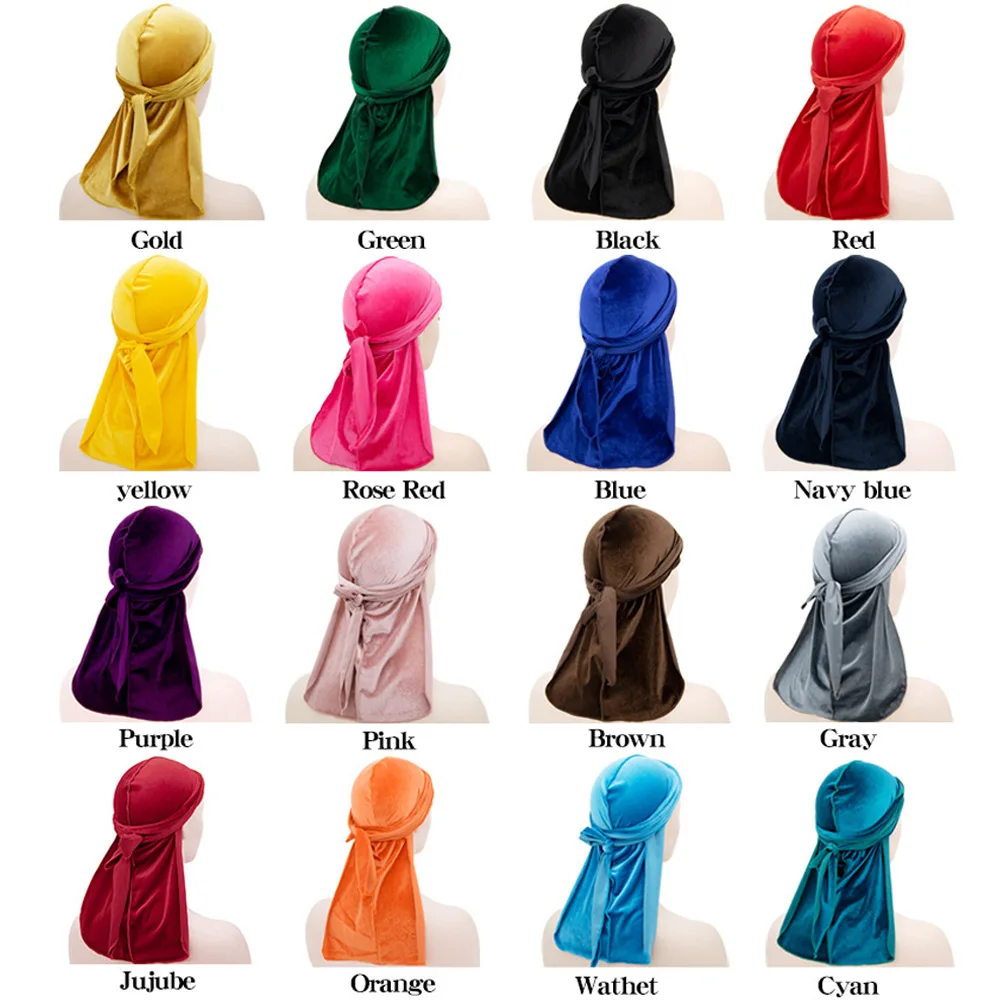 Stretchable Luxury Velvet Durag Cap Straps Headwraps with Long Tail and Wide Straps Bandana Women Bandana Headband