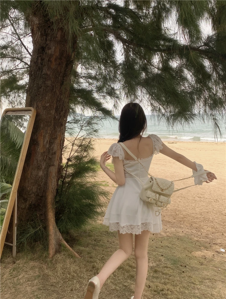 Y2K Lace Princess Party Dress Sexy Spaghetti Strap Square Collar Ruffles A-line Short Dresses for Women Prom Summer Mini Vestido
