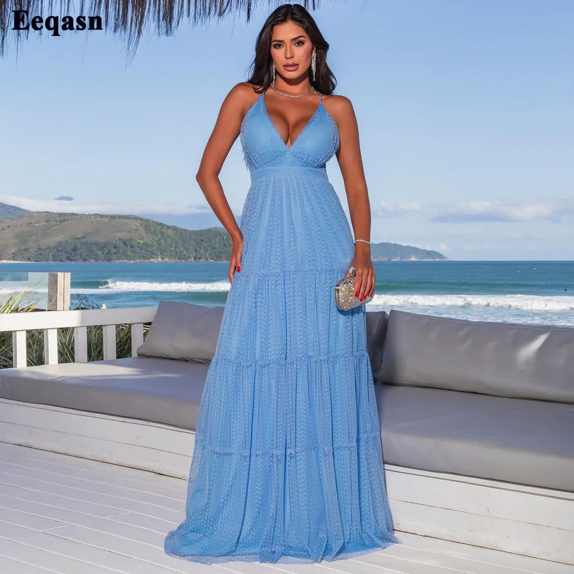 

Eeqasn Sky Blue V-Neck Dots Tulle Dubai Evening Dresses Long Women Formal Prom Gowns Beach Tiered Skirt Celebrity Party Dress
