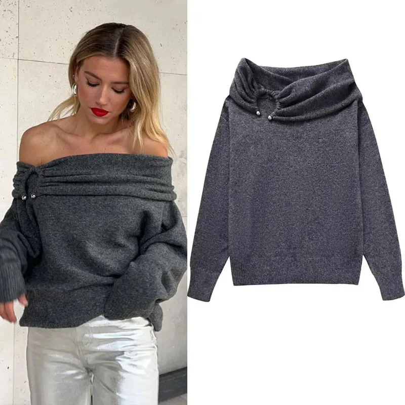 

TRAF Elegant Women Gray Draped Knit Tops Autumn Long Sleeves Straight Neck Sweaters Sexy Off Shoulder Metal Decoration Pullovers