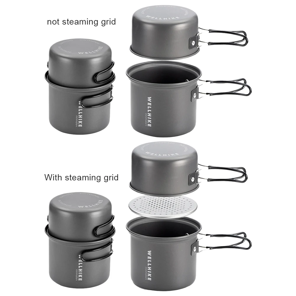 2Pcs Camping Cookware Pot with Handle Picnic Heat Cooker Aluminum Alloy Backpacking Trekking Hiking