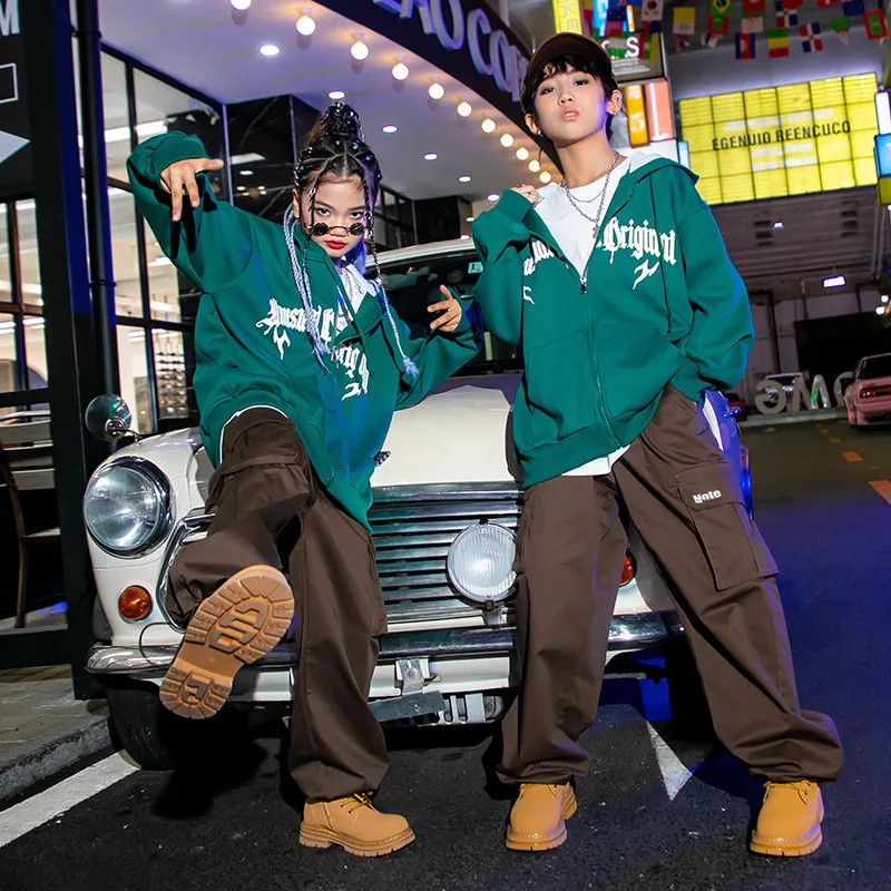 

Kids Streetwear Hip Hop Clothing Hooded Jacket Coat Top + Casual Cargo Pant Girls Boys Clothes Stage Catwork Jazz Dance Costumes