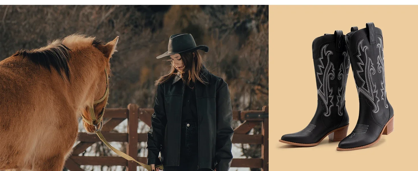 cowboy cowgirl black boots for women fall western embroidered leather mid calf chunky heels boots