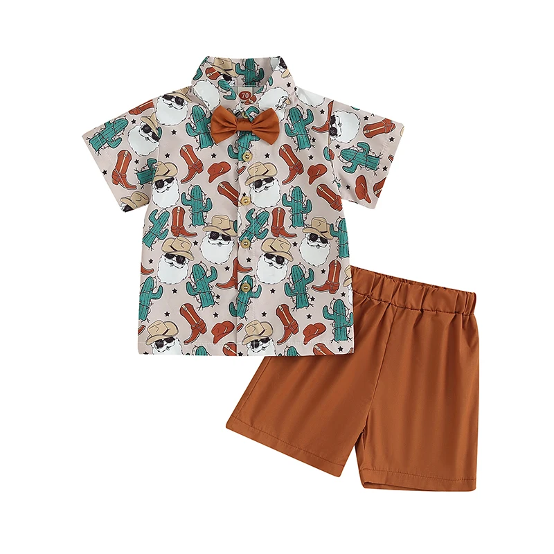 

Toddler Baby Boys Christmas Outfits Santa Cartoon Short Sleeve Buttons Shirts with Bowtie Shorts Gentleman Clothes Set