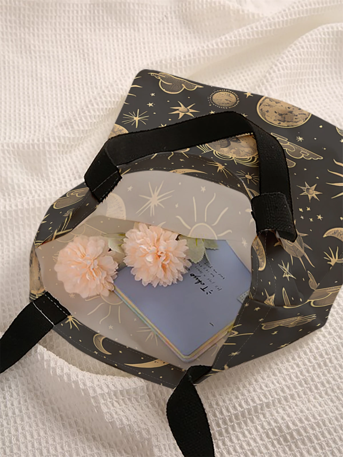 Moon and star pattern printed casual handbag, reusable fashionable backpack, multifunctional handbag, canvas shopping bag