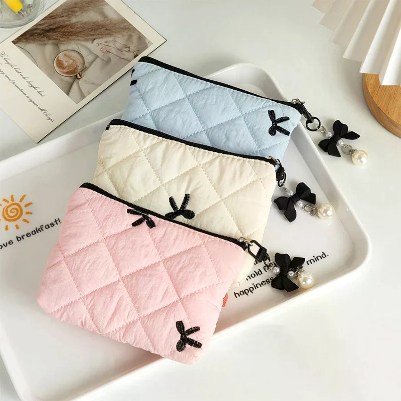 Bow Quilted Coin Purse Wallet Lipstick Storage Bag Earphone Data Cable Storage Bag Mini Women's Cosmetic Storage Bag