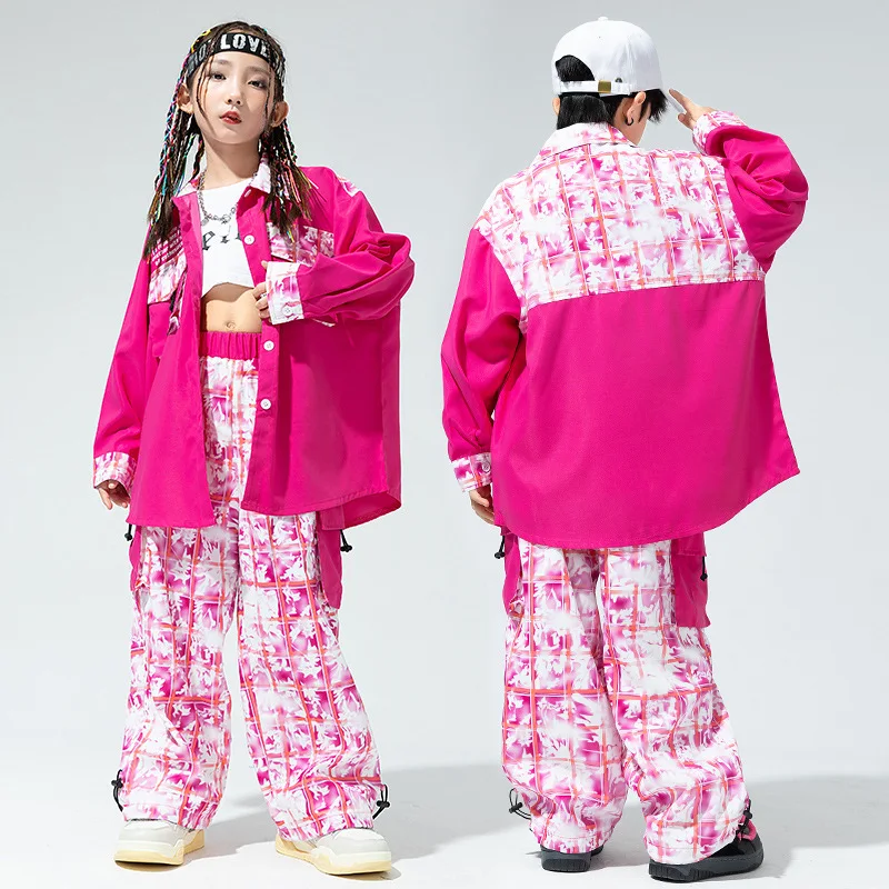 

Kid Hip Hop Clothing Rose Oversized Checkered Print Shirt Stage Show Jazz Dance Costume Street Dance Wear for Girl Boy