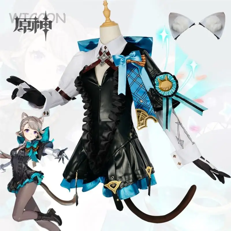 

Genshin Impact Lynette Cosplay Costume Lynette Wig Fontaine Leather Uniform Dress Lynette Ears Skirt Glove Outfit Tail Magician