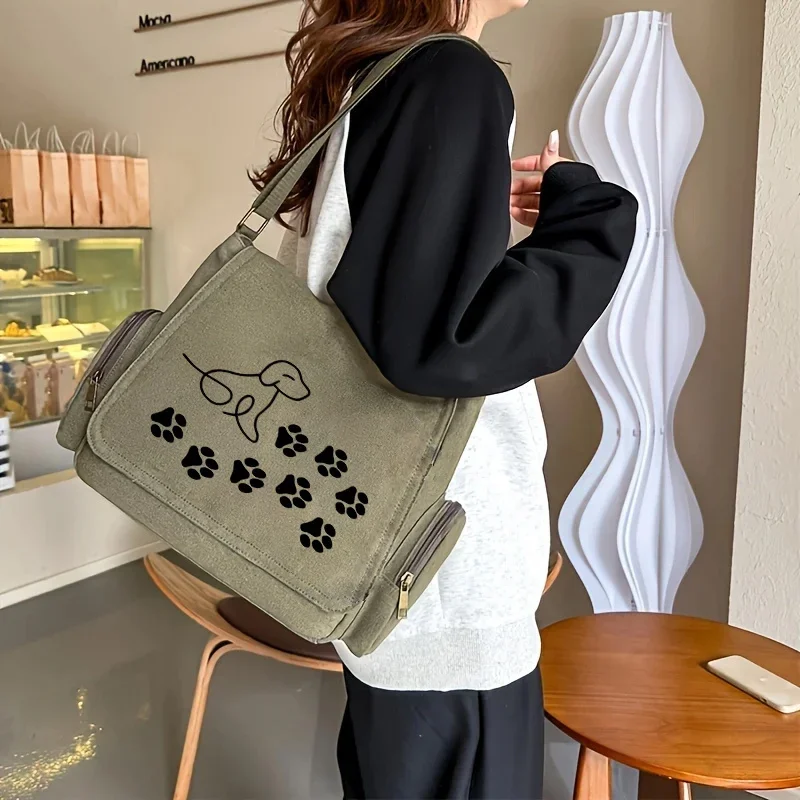 Women's Large Capacity Crossbody Bag with Dog Print Army Green Vintage Tote Shoulder Bag Commuting Book Bag