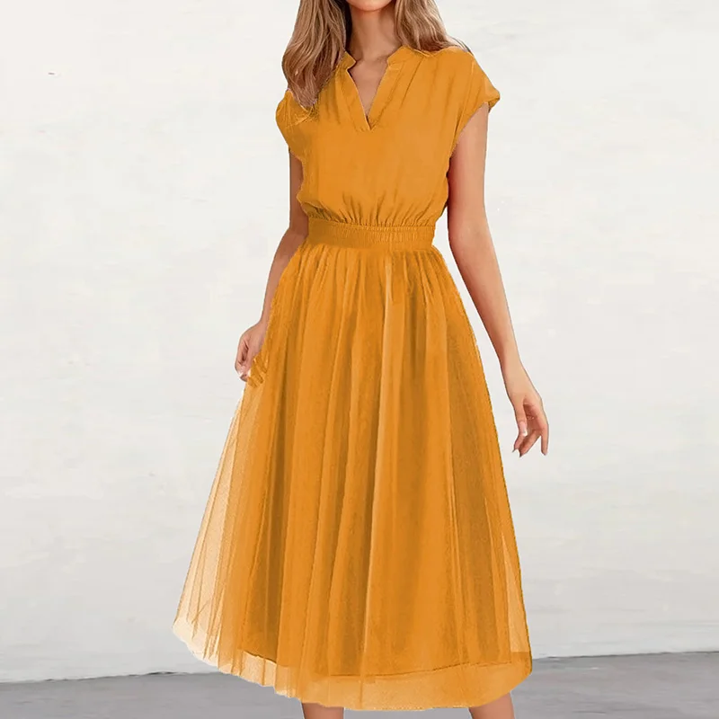 

Casual Commute Ladies Short Sleeve Long Dress Elegant New Waisted Mesh Party Dress Fashion Gentle V-Neck Solid Women Maxi Dress