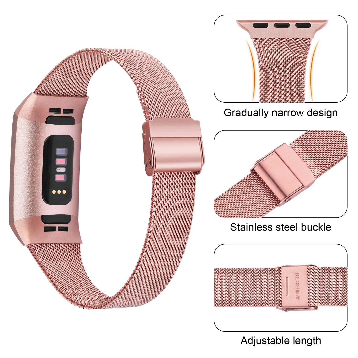 Fitbit Charge 4 3 2 Pink Rose Gold Color Modern Bracelet for Fitness  Tracker Stainless Steel Adjustable Milanese Band Strap Magnetic Closure 