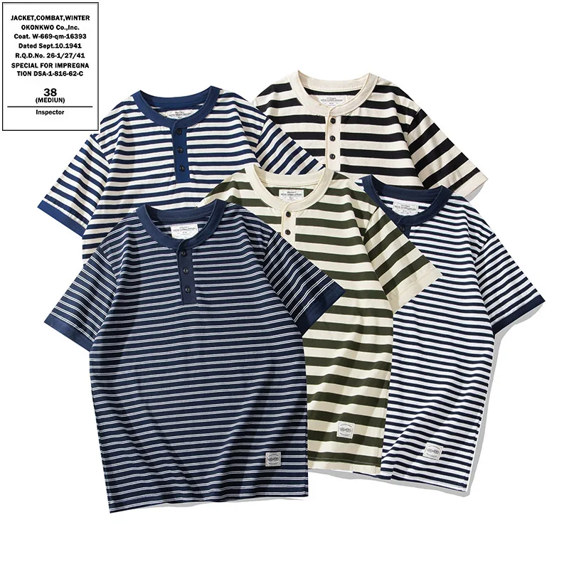 OKONKWO Heavyweight Short Sleeve Striped Henry Neck T-Shirt Deck Sea Soul Shirt Henry Shirt Outdoor Fitness Sports Tops 240g