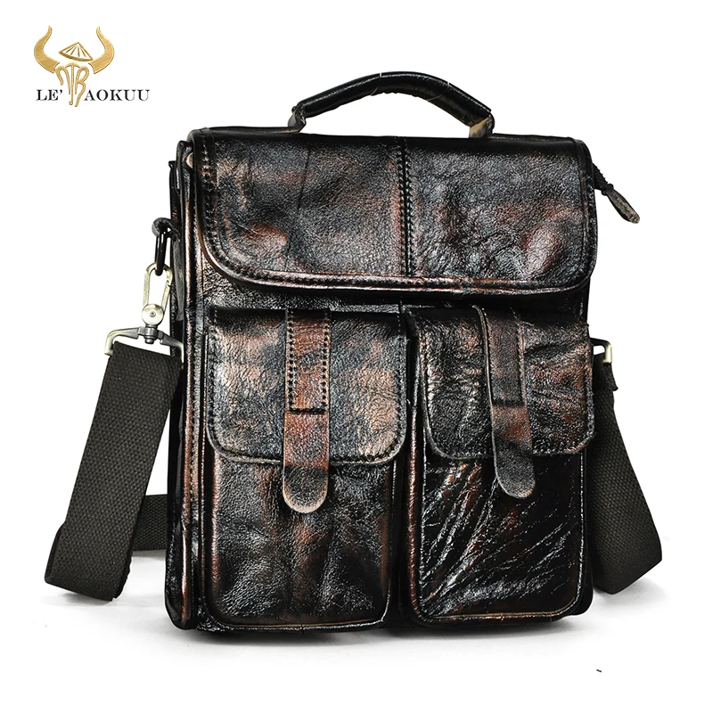 

Real Cattle Leather Male Coffee Design Student Shoulder Messenger Crossbody bag College Satchel 9" Book bag For Men 009-d