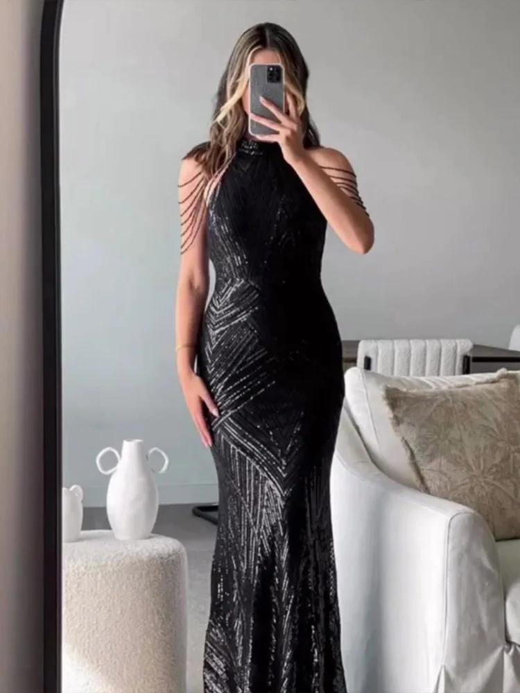 

Beading Off Shoulder O Neck Evening Gown Stretch Sequin Full Lining Wedding Party Dress Elegant Women's Spring 2024