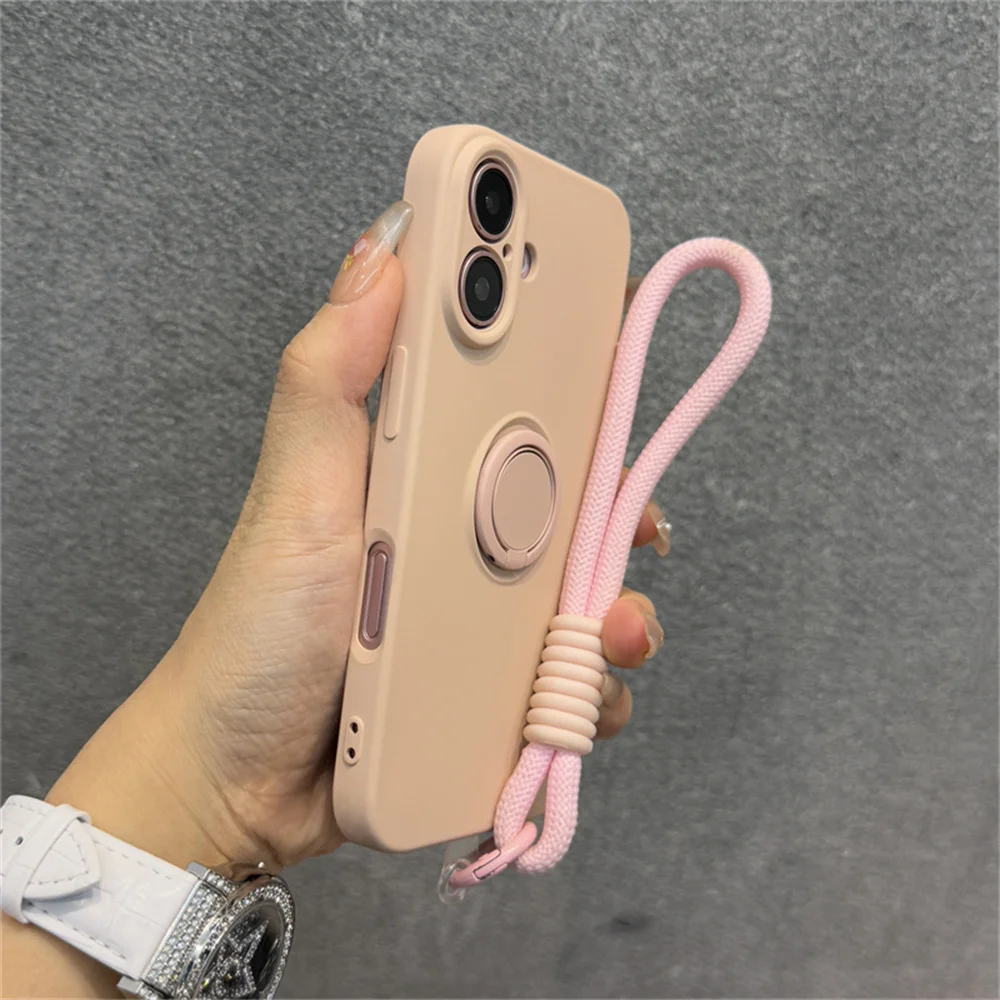 Luxury Solid Liquid Silicone Phone Case with Lanyard and Ring Holder - Matte Frosted Finish