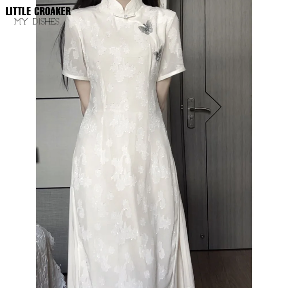 

Women White Moonlight Qipao 2023 Summer New Improved High End Tea Dress Temperament Ancient Method Goose Yellow Slim Fit Dress