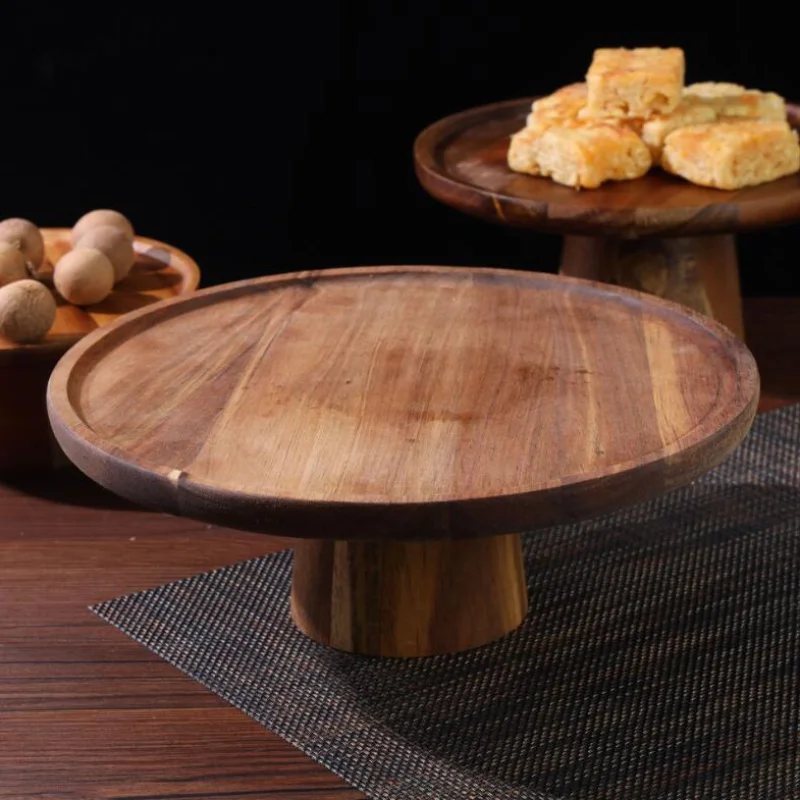 Acacia Wood Fruit Plate Living Room Household High Foot Plate Cake Solid Wood Dessert Display Table Decoration Kitchen Supplies