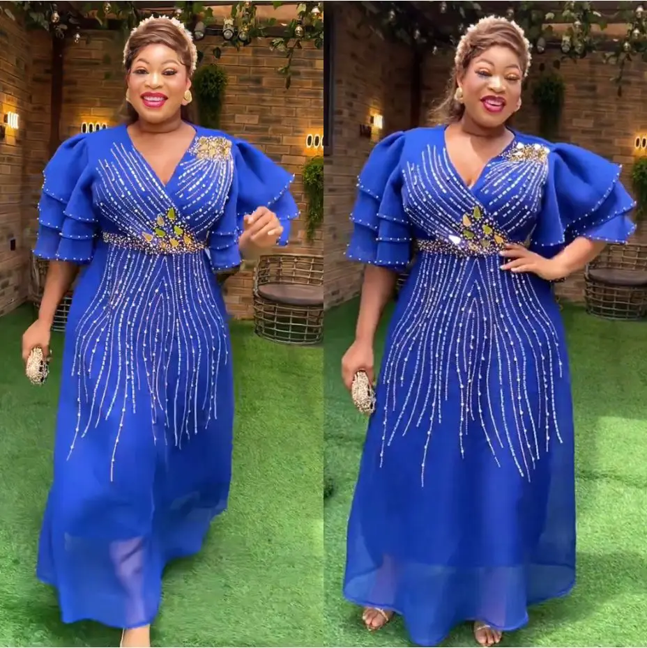 

Summer African V-neck Short Sleeve Green Blue White Long Dress African Robes Polyester African Wedding Party Dresses for Women