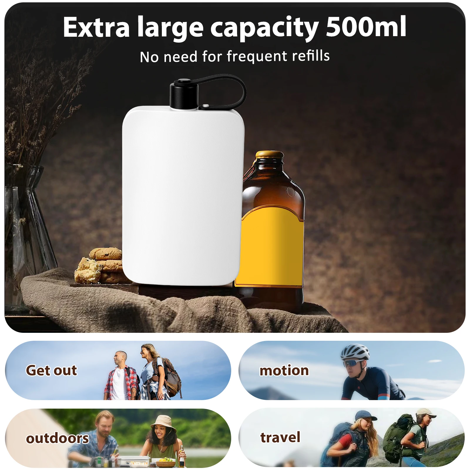 Flat Water Bottle Stainless Steel Integrated Cap Design Portable 500ML Flask for Outdoor Sports Travel Present for Friend Couple