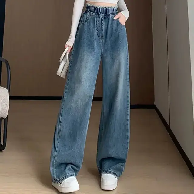 Large Size Denim Trousers Women Trailing Straight Wide Leg Loose High Waisted Slim Lace Tassel Higher Pants 3