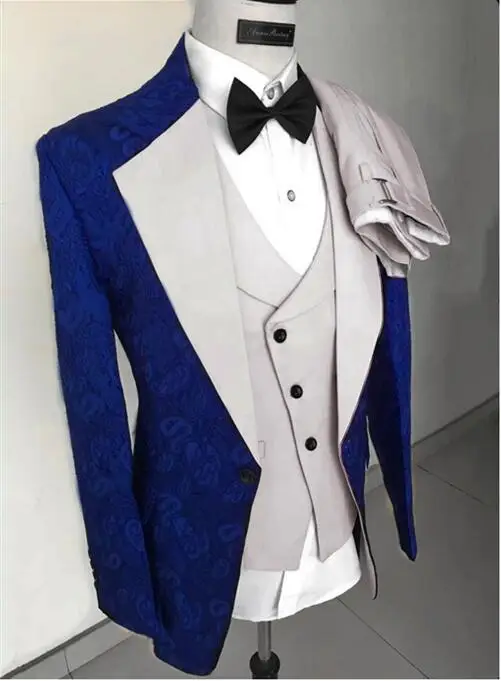 Professional high-end jacquard blue with gray wedding suits men formal groom slim fit 3 piece fashion classic busine
