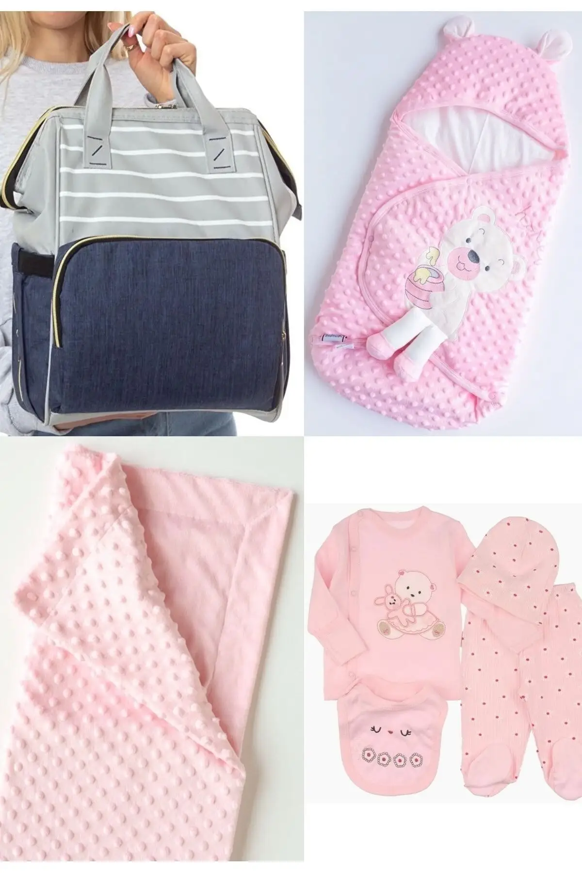 

4 Piece Large Birth Set (Baby Care Backpack, 100% Cotton Swaddle, Chickpea Blanket, Hospital Out) Cotton