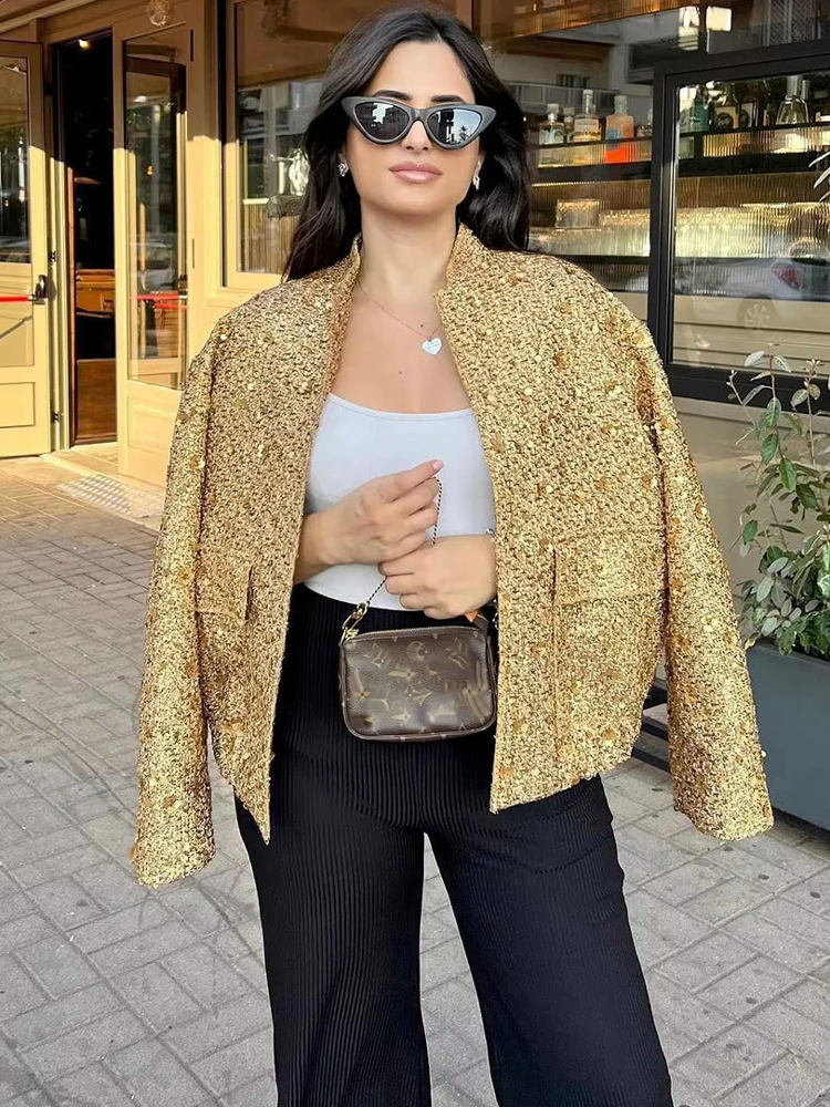 Tossy Sequin Luxury Female Coat Fashion Patchwork Glitter High Street Pocket Elegant Vintage Woolen Coat Pocket Women Cardigan