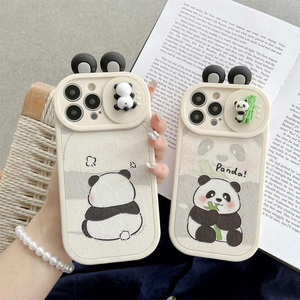 3D Panda Slide Camera Protection Silicone Phone Case with Cartoon Ears and Shockproof Back Cover