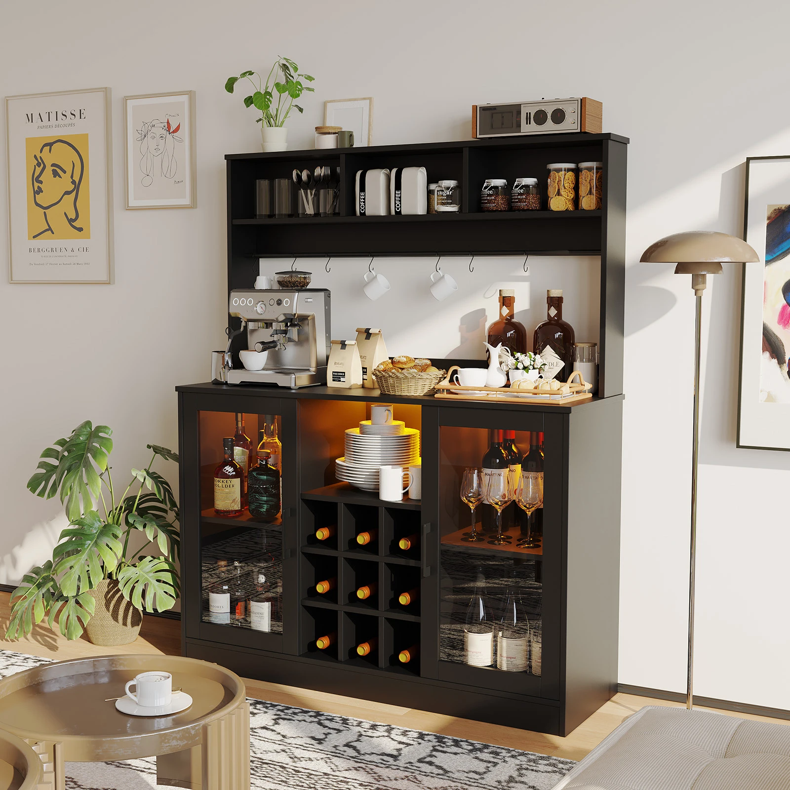 Liquor & Coffee Bar Cabinet – LED, Power Outlet, Wine & Glass Storage 2