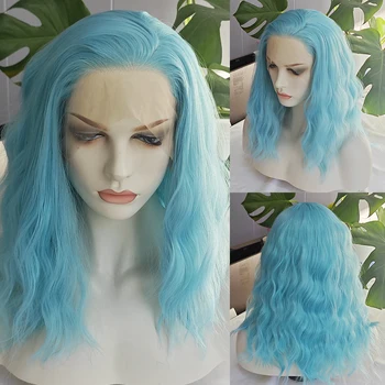 Parrucca sintetica in pizzo per capelli con onda blu cielo, onda sciolta, capelli azzurri, parrucche anteriori in pizzo, donne, cosplay, Makrup, utilizzare capelli blu in fibra di calore