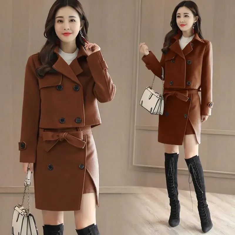 

Dragon Phoenix Woolen Suit Skirt Women's Spring Autumn2023 New Two-Piece Fashion Coat Joker Jacket Outfit Blouse Female Set Tide