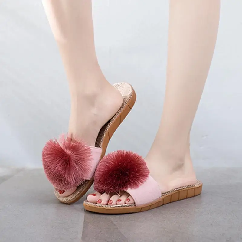 Linen Platform Slippers Women Home Hairball Designer Shoes Girls Fashion Casual House Elegant Slippers Flats Open Toe Indoor — view 5