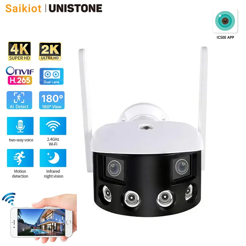 Saikiot ICSEE 4K 8MP 4MP Dual Lens WIFI Camera 180 Degree Panoramic Network Camera Smart IR AI Wide Angle IP Panoramic Camera