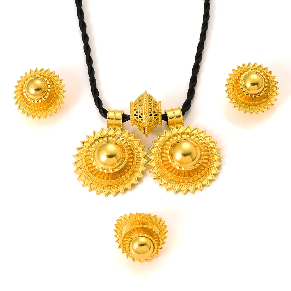 Ethiopian Geometry Round Big Pendant Earrings Jewelry Sets 24K Gold Color African Wedding Bridal Women Habesha Party Gifts - Image 6