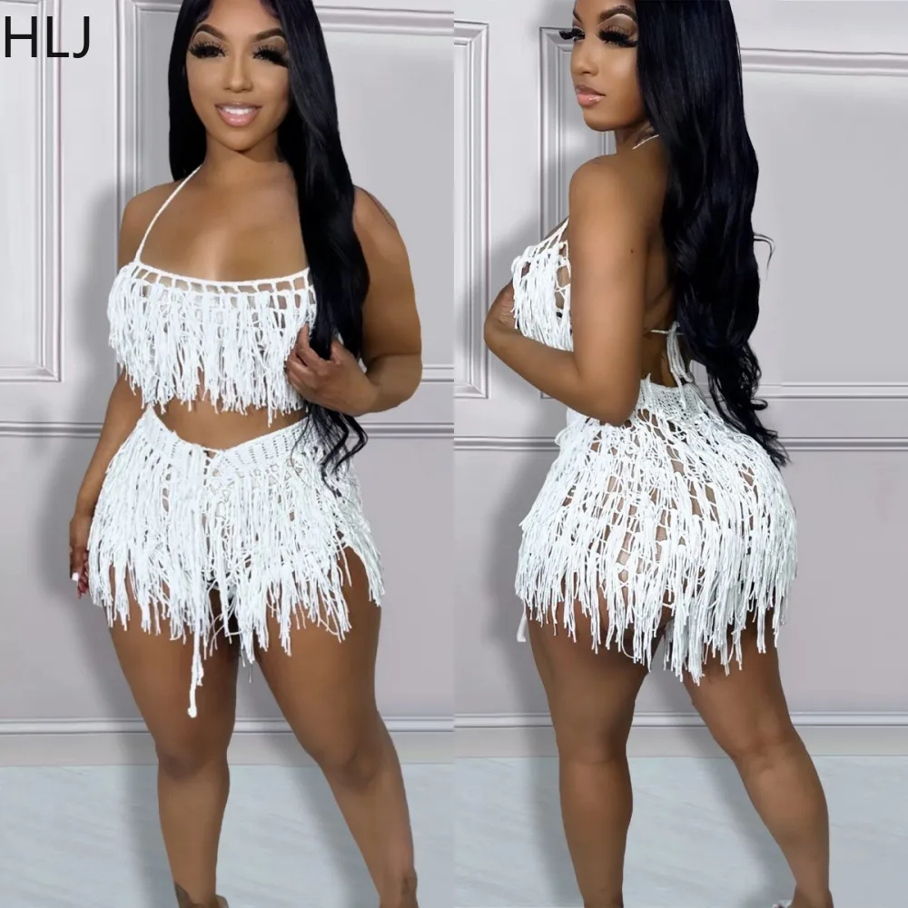 HLJ Sexy Knitted Tassels Shorts Two Piece Sets Women Thin Strap Sleeveless Crop Top+Shorts Outfits Female Solid Beach 2pcs Suits