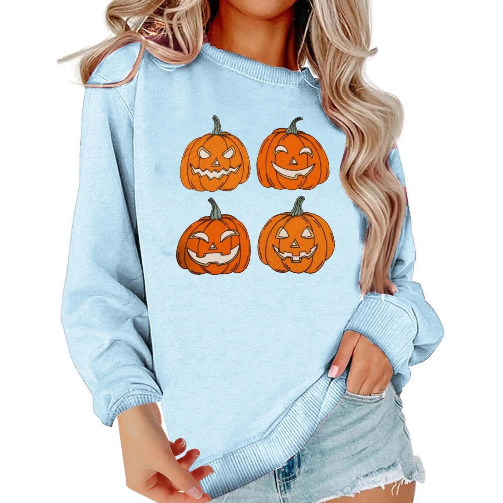 

Fashion Loose T-Shirt Halloween Pumpkin Expression Print Warm Winter New Sweatshirt Casual Versatile Top Women's Clothing