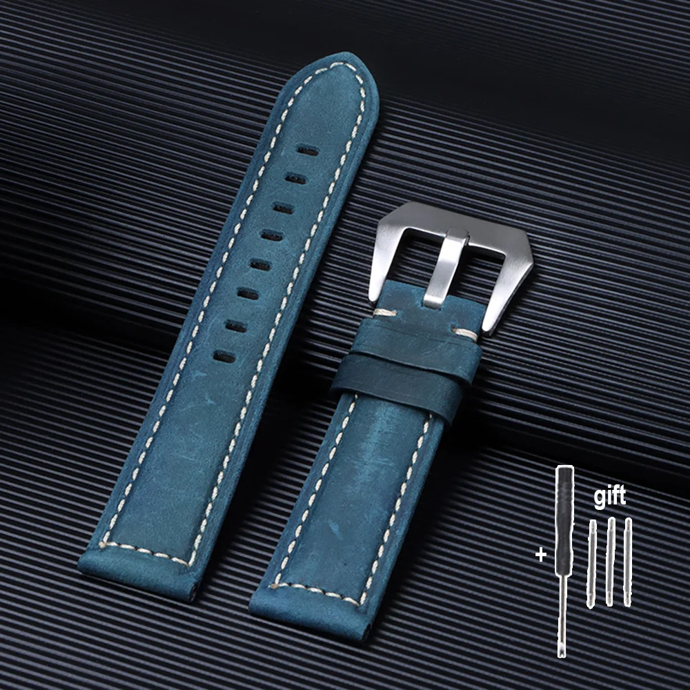 Genuine Crazy Horse Leather Watchband - Black, Blue, Brown Bracelet, 20mm-26mm