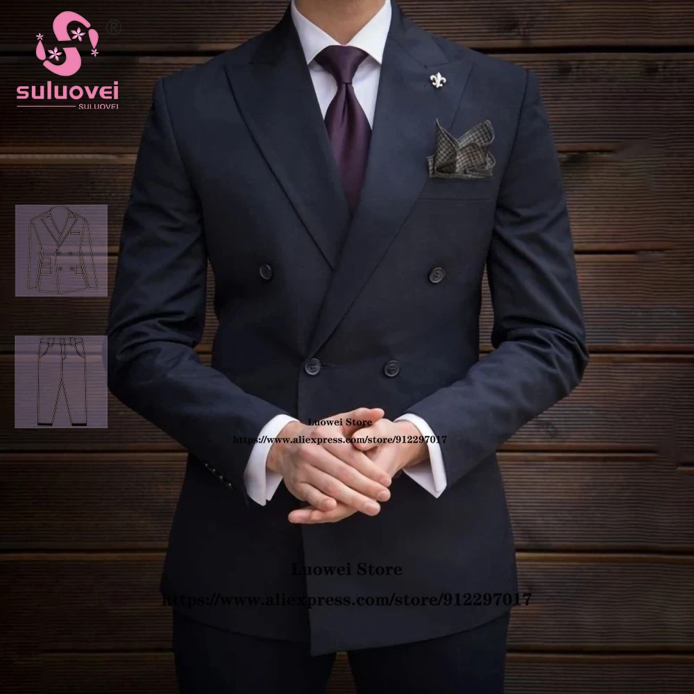 Fashion Double Breasted Tuxedo Suits For Men Slim Fit 2 Piece Pants Set Formal Groom Wedding Party Peaked Lapel Blazer Masculino