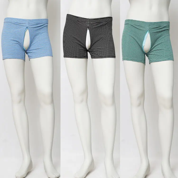 Men's Zipper Open Crotch Striped Thin Black Shorts Panties Casual Sleeping Shorts Bottoms Underwear
