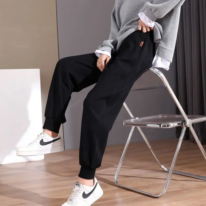 Women's Autumn Winter Elastic High Waist Solid Pockets Tie Feet Harlan Casual Sports Loose Trousers Vintage Fashion Pants